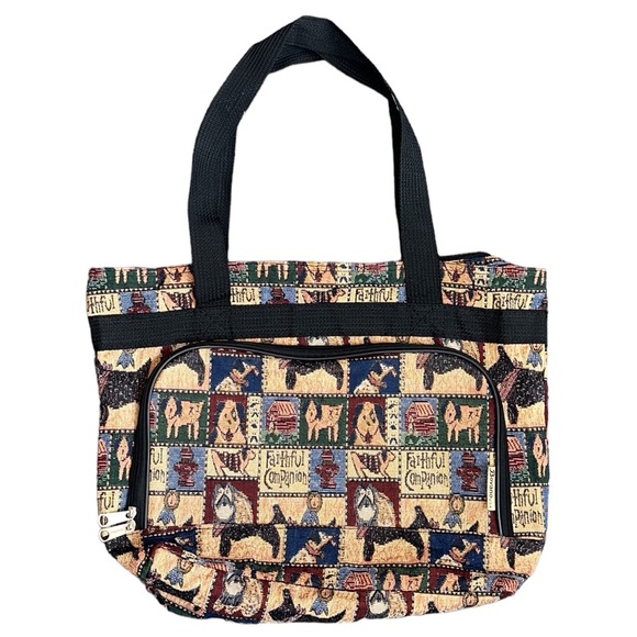 Vintage Tapestry Tote Shopping Shoulder Bag Dogs - Picture 1 of 5